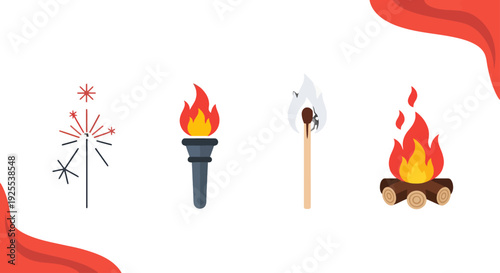 Collection of Fire Icons Sparkler Torch Burning Match and Campfire with Logs Flat Design.