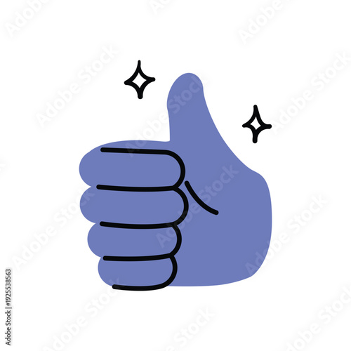 Blue hand making thumbs up gesture for success and positive feedback. Hand drawn doodle illustration vector design.
