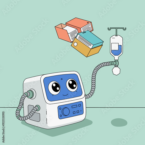 Cartoon medical ventilator with books and iv bag on pastel background