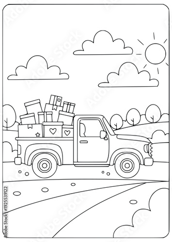 Truck coloring page with many gift boxes in the back driving on a sunny road