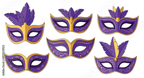 Six different purple and gold masquerade masks with decorative feathers are arranged in two rows against a plain white background for a festival.