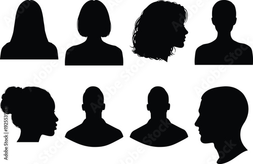 Silhouettes of diverse human profiles in various hairstyles and orientations