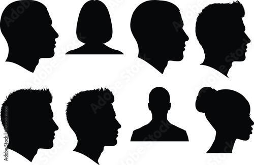 Collection of diverse silhouette profiles showcasing different hairstyles and headwear