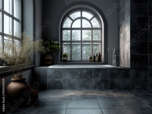 A bathroom with a bathtub and a window