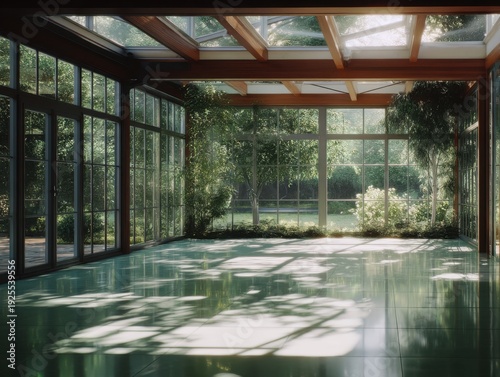 A large room with a lot of windows and a lot of greenery