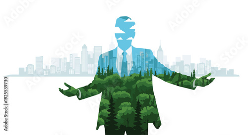 A male silhouette with open arms is filled with a dense green forest and a distant city skyline against a white background.