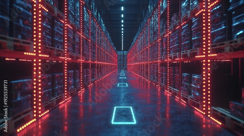 Illuminated Warehouse Aisles with Pallets; Logistics and Storage