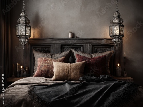 A bed with a black blanket and pillows
