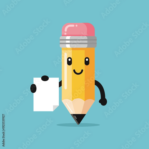 Cute cartoon pencil character holding a blank paper note, smiling, education concept