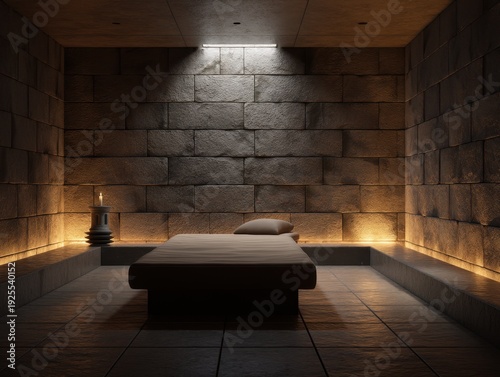 A small room with a bed and a lamp