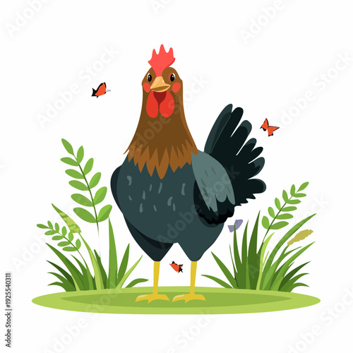 Colorful chicken stands on green grass with small plants and butterflies around it in a simple design
