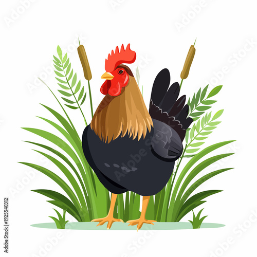 Rooster standing among grass and plants in a natural setting during daytime