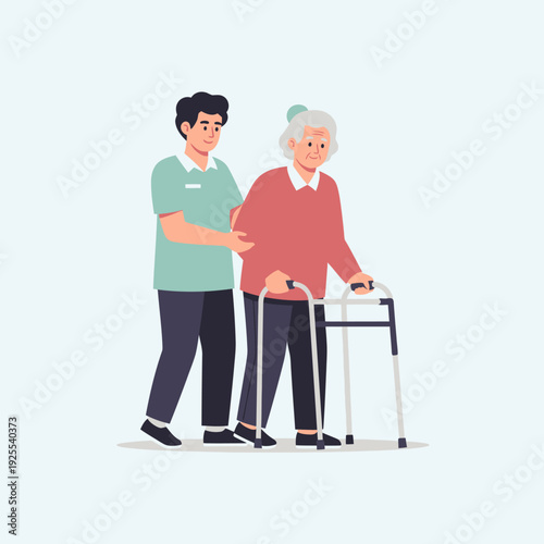 Caregiver assisting elderly woman with walker, promoting independence and mobility support