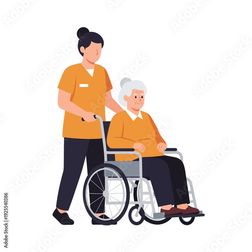 Caregiver pushing elderly woman in wheelchair, healthcare, support, assistance, medical care