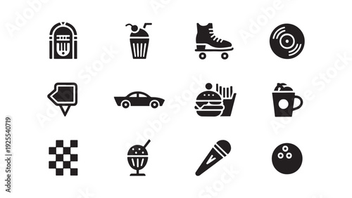 Retro Diner and 1950s Americana Silhouette Icon Set for Vintage Restaurant Branding Nostalgia Themed Design and Entertainment Use