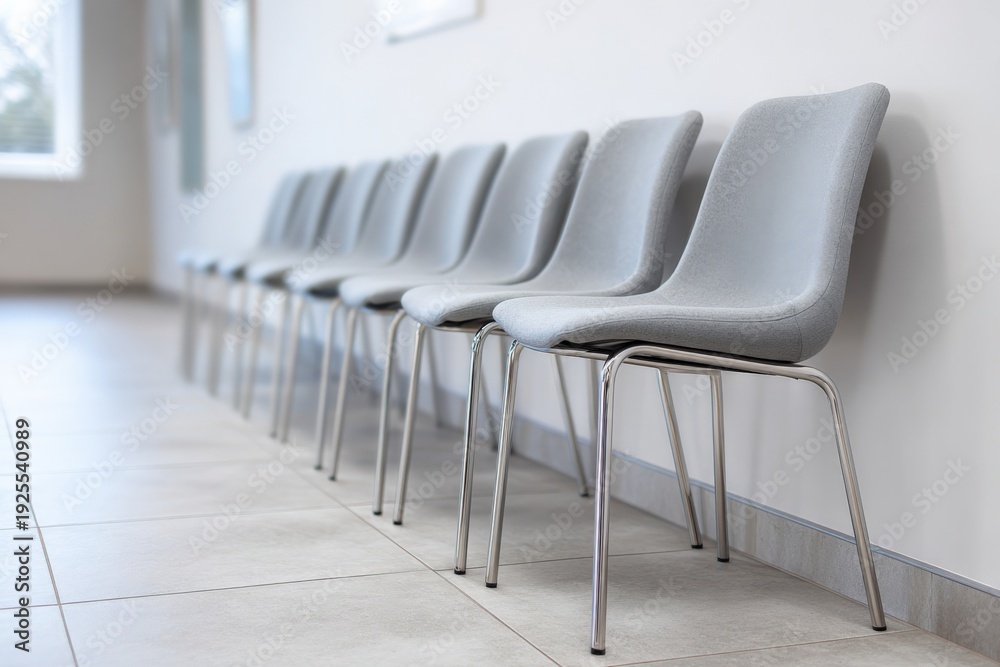 Obraz premium Row of modern gray chairs in a minimalist waiting area with tiled floor