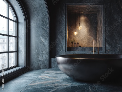 A large bathtub with a mirror above it