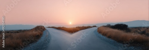 Sunrise over forked path in serene desert landscape