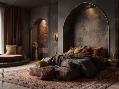 A bedroom with a bed, pillows, and a rug