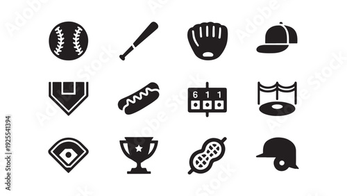 Baseball Sport and Game Day Silhouette Icon Set for League Branding Team Merchandise Stadium Design and Sports App Projects