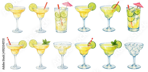 A charming watercolor collection of margarita cocktail clipart, including lime slices, salted rims, ice cubes, straws, and tropical garnishes.