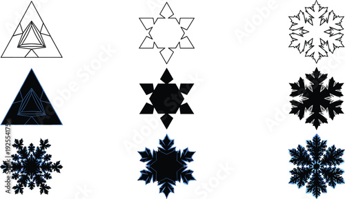 Set of winter snowflake vector icons featuring geometric star shapes, fractal ice crystals, and minimalist triangular designs for holiday seasonal branding and Christmas decorative patterns.