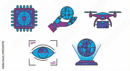 Set of 5 futuristic technology flat vector icons, AI, drone, biometrics, and hologram