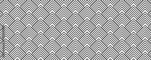 Seamless Chinese window tracery pattern design. Repeated black diamonds and angle brackets on white background. Scallop ornament. Image with scales. Ancient japanese scallops motif. Squama. Vector art