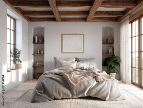 A bedroom with a bed, a plant, and a white wall