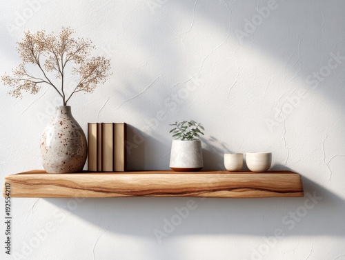 A shelf with a vase, a book, and a plant