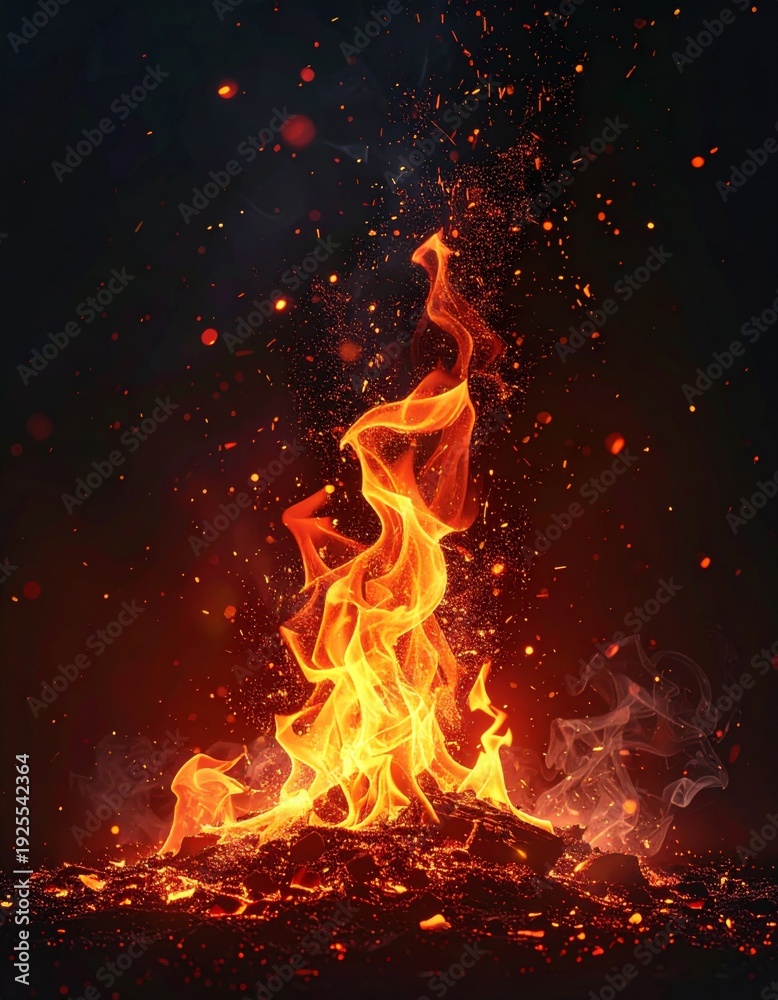 Fototapeta premium Abstract Fire Flames With Flying Particles Against a Dark Background