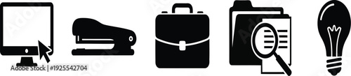 Business and office supply icon set, black vector silhouettes of briefcase, computer monitor, desk lamp, stapler, pen, and paper clip isolated on white.