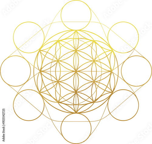 Sacred geometry flower of life vector icon with golden gradient mandala design for spiritual wellness yoga meditation and mystical esoteric branding elements on white background.