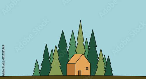 Cabin in forest illustration nature and shelter concept art on blue sky