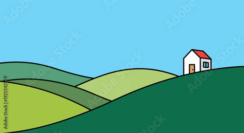 Cartoon landscape illustration with rolling hills and a simple house