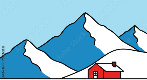 Stylized illustration of mountains snow and small house under clear blue sky