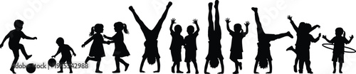 Children, silhouette, collection, kids, playing, jumping, running, variety, diverse, childhood, youth, activity, community, figures, lifestyle, action, school, flavector, vector, set,