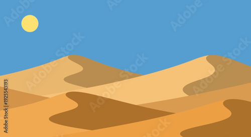 Desert landscape illustration sand dunes under blue sky and yellow sun