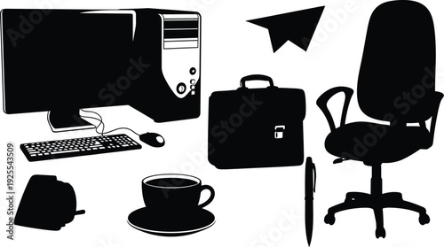 Business office supply and workspace silhouette set, black vector icons of computer, rotary phone, desk lamp, briefcase, and thought bubble isolated on white.