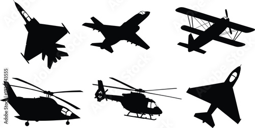 Business office workspace silhouette set, black vector icons of desktop computer, ergonomic office chair, briefcase, coffee cup and stationery isolated on white.