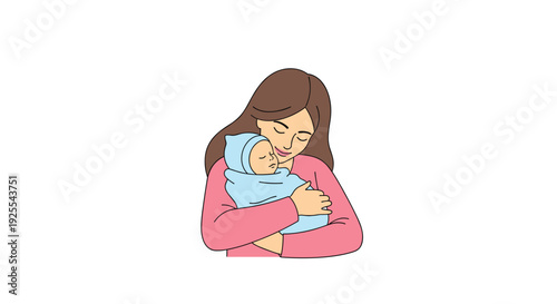 A woman in a pink sweater holds a baby wrapped in a light blue swaddle and matching hat against a plain white background in a line art style.
