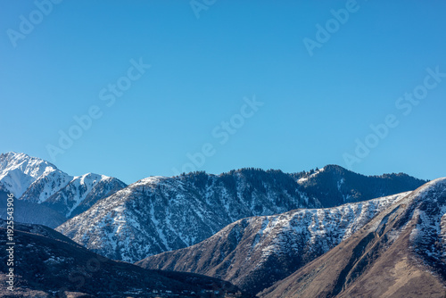 Landscape, mountain, trees, snow, city, winter, river, stream.