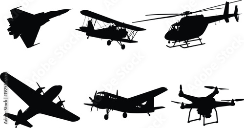 Collection of commercial airplane silhouettes in flight, black vector icons of passenger jets from various angles isolated on white background.