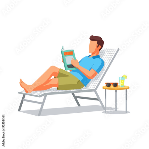 Man relaxing on a lounge chair reading a book with a drink and sunglasses