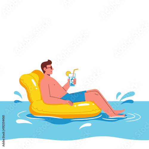 Man Relaxing on Inflatable Float with Drink in Pool