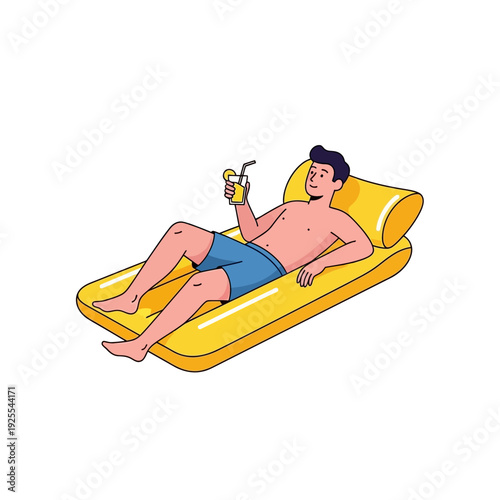 Man relaxing on inflatable mattress with drink, enjoying summer vacation by the pool
