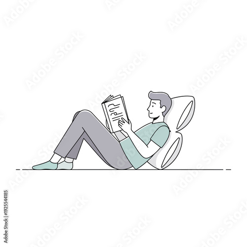 Man Relaxing Reading Book on Pillow, Cozy Leisure Time, Comfortable Lifestyle