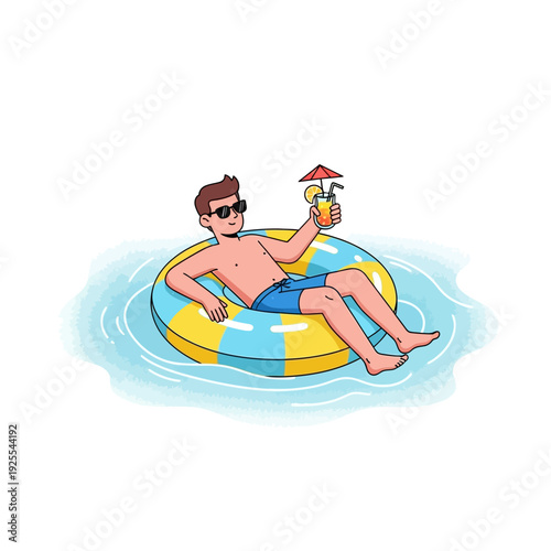 Man relaxing on inflatable ring with cocktail in swimming pool, summer vacation