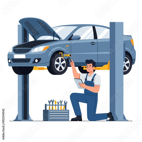 Mechanic inspecting car on lift, tools nearby, auto repair service concept