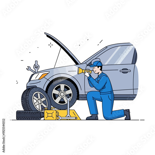 Mechanic Inspecting Car Engine with Tools and Spare Tire